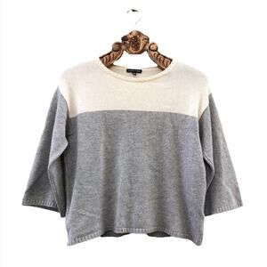 Eileen Fisher Cashmere Sweater Oversized Boxy Color Block Cream & Grey Crew Neck